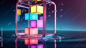 Video footage of vibrant 3D cube with colorful, illuminated blocks inside, floating above water with droplets around, creating a futuristic and surreal visual effect