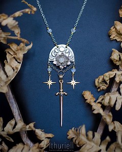 Tilion - Moon Blade - Elven Sword Necklace With Silver Flowers, Golden Stars and Moonstones, Moon Phase Pendant, Celestial Dagger Necklace - Etsy