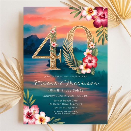 Luau 40th Birthday Invitation Template, Gold Tropical Sunset, Editable Canva (digital Download) - Etsy
