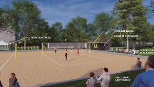 Storage/restroom facility approved next to beach volleyball courts at University of Oregon