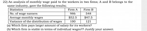 22) An analysis of monthly wage paid to the workers in two firm... | Filo