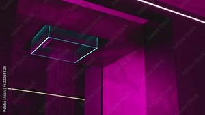 Water flowing from the beautiful modern designed shower . Overhead futuristic , luxury shower in dark bathroom . Pink , purple led lights inside . Unique design . Water falling , dropping , pouring