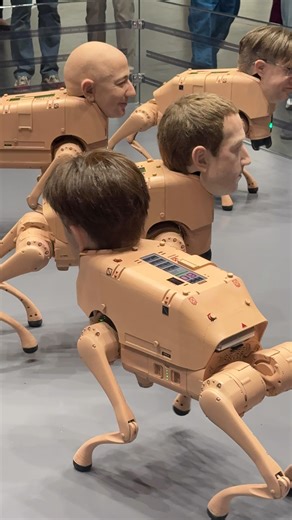 The Beeples have taken over Miami Beeple’s new Art Basel (@artbasel) installation “Regular Animals” stages a pack of animatronic robot dogs with eerily lifelike heads of figures like Elon Musk, Jeff Bezos, Mark Zuckerberg, Andy Warhol, Picasso, and Beeple himself, roaming inside a plexiglass pen. 🐕 Each robot dog snaps photos of fairgoers, then “poops” out printed certificates that can include QR codes linked to NFTs. 🤖The work anchors Art Basel Miami Beach’s new Zero 10 digital art section. H