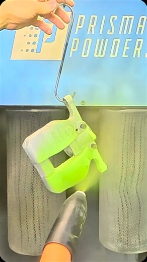 Tesla brake calipers in Bright Lime Green from @prismaticpowders with gloss clear. Our Precision Micro Nozzle paired with our Supercharged Hose Barb gives you the ultimate cloud control and excellent transfer efficiency. Our new Extractor 2.0 eliminates the foam covers previously used on our tools. Our new Angled Wands are now made of stainless tubing to make their durability unmatched. #InnovateToDominate #reels #viral #trending #powdercoat #powdercoating #powdercoatedwheels #coatingsbycoates #