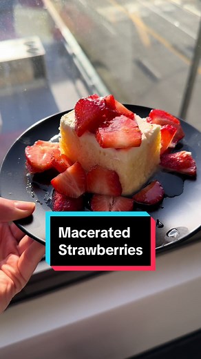 How to macerate strawberries 🍓🍰 This method is the perfect way to sweeten berries that might not be ripe or in season yet. We love to top angel food cake and cheesecake with these macerated strawberries! #desserttiktok #maceratedstrawberries #strawberrydessert #sweetstrawberry #strawberryrecipe #desserthack #dessertideas #strawberrycake