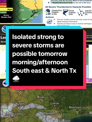 Isolated strong to severe storms are possible tomorrow morning/afternoon ahead of and along a passing cold front. All severe weather hazards & localized downpours will be possible. Storms will be possible across all of SE Texas, but the greatest risk will be north of I-10. #news #weather #houston #texas #media
