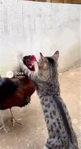Brave Mama Cat Defends Her Kittens from an Aggressive Rooster Attack #CatVsRooster #MamaCatHero