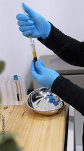 A nurse extracts plasma from a blood sample for PRP therapy.