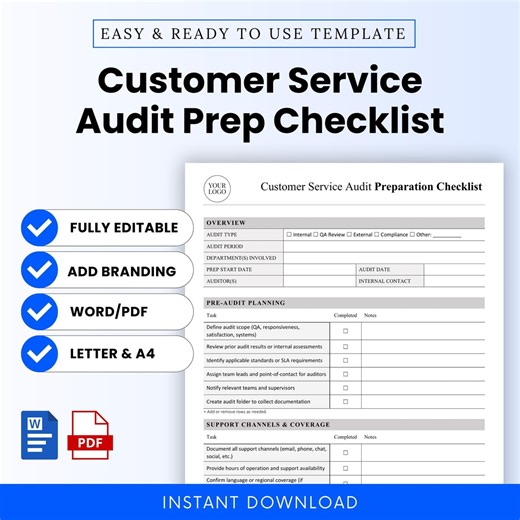 Customer Service Audit Preparation Checklist Template – Word & PDF, A4   US Letter - Etsy