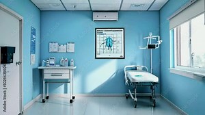 A medical examination room with equipment, charts, and a hospital bed for patient care.