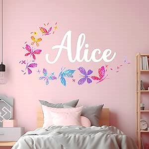 Personalized Name Wall Decals for Girls Bedroom - Butterfly Pink Room Decor with Rainbow Options - Multiple Sizes