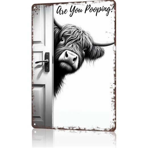 Vintage Highland Cow Bathroom Sign – “Are You Pooping?” Funny Aluminum Wall Decor, Farmhouse Rustic Toilet Humor Sign for Bathroom, Restroom or Toilet