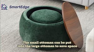 Round Chenille Storage Ottoman Set of 2, Modern Storage Coffee Table with Removable Top, Upholstered Round Ottoman Foot Rest Side Table with Small Stool for Living Room Bedroom, Green