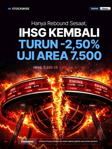 Merah Membara, Dompet Ikut Meronta-ronta Pasar modal Indonesia ditutup memerah tajam pada Sesi 1 hari ini. IHSG merosot hingga -2,61% ke level 7.509. Setelah sempat mencoba rebound, tekanan jual nampaknya masih mendominasi pasar. Tetap waspada dan perhatikan area support selanjutnya #PasarModal #ritel #IHSG #marketcrash #saham