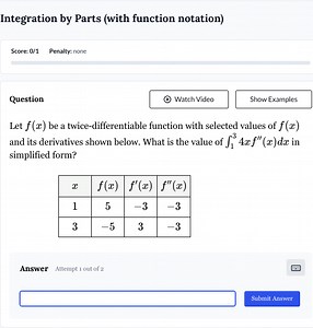 Integration by Parts (with function notation)Score: 0/1Penalt... | Filo
