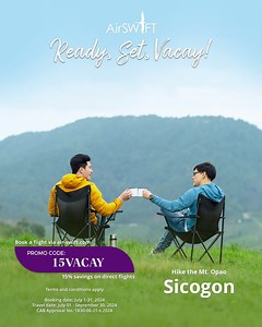 109 reactions · 22 shares | Heads up, wanderful travelers! Ready, set, and vacay with AirSWIFT Airlines this July! Time to book NOW and fly NOW to your next destination! Book that well-deserved vacay via air-swift.com. Don’t forget to use the code 15VACAY for 15% savings ✈️ Terms and conditions apply. Booking Date: July 1-31, 2024 Travel Date: July 1-September 30, 2024 CAB Approval No.: 1830-06-21-s.2024 #AirSWIFTAirlines | AirSWIFT Airlines | Facebook
