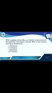 Q56. While mapping soil profiles, you identify a horizon rich in illuviated clay and organic material. What is this horizon most likely classified as? a. O horizon b. A horizon c. B horizon d. C horizon Q57. A farmer notices that after heavy rain, water pools on the surface and takes days to infiltrate. Which soil property is most likely the issue? a. Poor soil structure or compaction b. High cation exchange capacity c. High organic matter content d. Low bulk density Q58. You are tasked with eva