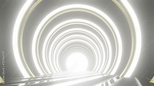 3D rendering of an empty white tunnel corridor. Abstract interior curved frame geometric structure design for trade show display background.