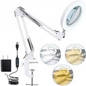 LED Magnifying Lamp with Clamp, 8-Diopter, 10X Real Glass Lens, 3 Color Modes and Stepless Dimmable Magnifier Desk Lamp,Adjustable Swivel Arm Lighted Magnifying Glass for Repair Craft Close Work-White