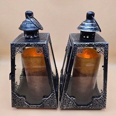 Set of 2 Distressed Black Metal Lanterns with LED Flickering Pillar Candles | eBay
