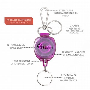 SnapBack Retractable Keychain with 24 Inch Cut Resistant Cord, Charm Ring, and Easy to Use Clip
