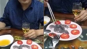 Man calmly dips live baby mouse in sauce before eating it