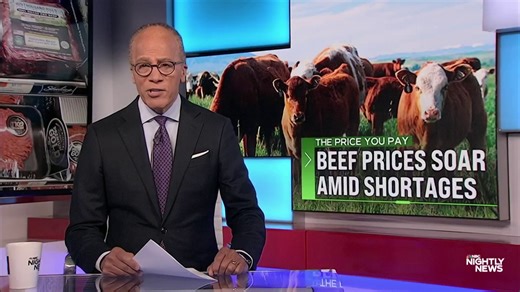 The price of beef is rising at the grocery store as the cattle market reaches record highs. NBC News' Morgan Chesky explains what's going on and why Americans may be shelling out more for steaks and roasts. | NBC Nightly News with Tom Llamas