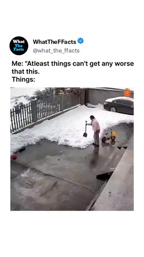 What_The_Facts on Instagram: "In this video, a person is seen shoveling snow in a driveway next to a small, yellow tricycle. The footage, framed as a meme with the caption "Atleast things can't get any worse than this," shows the individual working diligently until a massive, sudden avalanche of snow slides off a nearby roof. The person is completely buried under the falling snow within seconds, leaving only the shovel and the tricycle visible. Almost immediately, a bystander runs into the frame