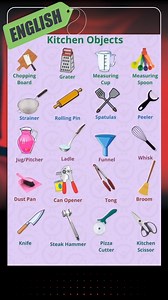 "Essential Kitchen Objects: A Quick Overview" #KitchenEssentials #KitchenObjects #HomeBasics #CookingTools #KitchenTips #EasyLearning #EnglishForEveryone #KitchenGuide #DailyLearningSummary This picture showcases essential kitchen objects, from basic utensils like knives and spoons to essential appliances like blenders and microwaves. Perfect for those looking to expand their kitchen vocabulary in English. | English Teacher