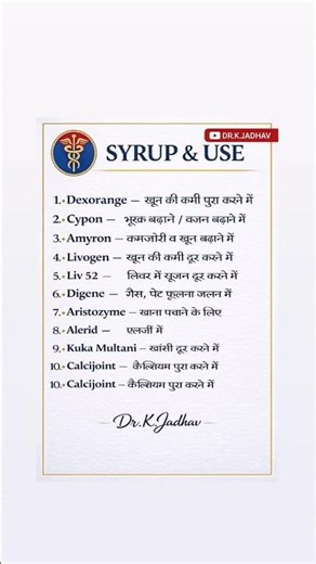 Best Syrups & Their Uses 💊 | Top 10 Syrup Uses Explained in Hindi | #doctor #medicine #nursing