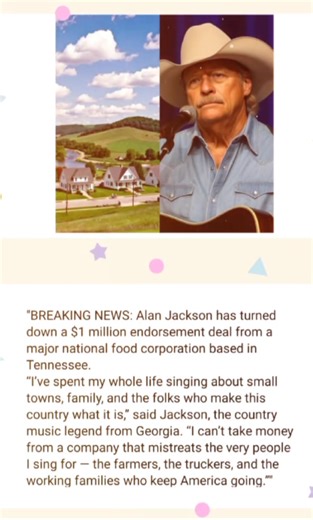 88K views · 1.7K reactions | BREAKING NEWS: Alan Jackson has turned down a $1 million endorsement deal from a major national food corporation based in Tennessee.❤️❤️❤️ ▶️ 퐂퐥퐢퐜퐤 퐭퐨 퐩퐥퐚퐲 퐅퐮퐥퐥 퐕퐢퐝퐞퐨! https://timelessmusic.life/alan-jackson-stands-tall-country-legend-chooses-integrity-over-a-1-million-deal/ | Pastoral Melodies | Facebook