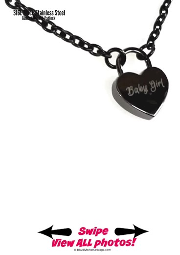BDSM Heart Padlock Day Collar: Black Stainless Chain | Custom Engraved