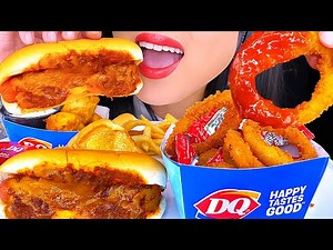 ASMR CHILI CHEESE HOTDOG, ONION RINGS & ROTISSERIE CHICKEN BITES | DAIRY QUEEN MUKBANG | ASMR Phan