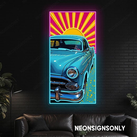 Retro Classic Car Neon Sign, 1950s Classic Car Blue Neon Wall Light With Sunrise Backdrop, Vintage Oldtimer Car Neon Light Wall Decor - Etsy