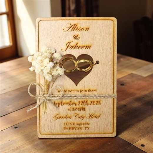 Brass Rings, Heart Wooden Rustic Wedding Invitation Set | Wedding Invitations With Flowers, Envelopes and Stickers | Brass Rings, Heart - Etsy