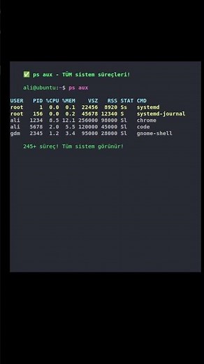 Tüm Sistem Süreçleri! ps aux Komutu 🔍 #LinuxShorts #terminal #ubuntu #linuxcommandlinetutorial