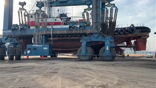 14K views · 643 reactions | I’ve been all over the world with this boat, now I’m taking it across a parking lot  I had removed 525,000lbs of fuel, the boat still weighted 1,200,000lbs. Boat is 38wide 128long Travelifts are cool machines. | Air Fuel Spark | Facebook