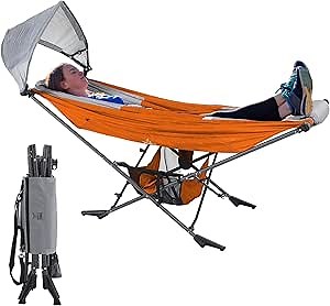 Portable Hammock with Stand, World's Best Mock ONE® Hammock, Compact Folding Framed Hammock with Adjustable Sunshade Canopy for Park, Backyard, Garden, Camping, Hiking, Mountaineering, Beaches- Orange