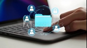 Data Sharing and Security Finger Interacts with Laptop for Folder Access Control and User Permissions - Modern Tech Concept