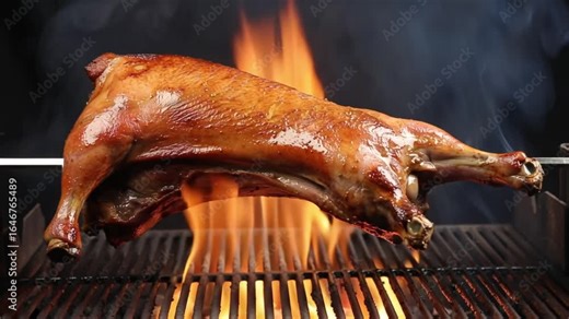 Whole crispy roasted duck slowly cooking on a rotisserie spit over a fiery barbecue grill