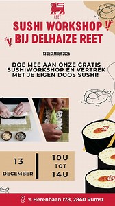 Altijd al zelf sushi willen maken? Nu zaterdag 13/12: 𝗚𝗥𝗔𝗧𝗜𝗦 𝗦𝗨𝗦𝗛𝗜𝗪𝗢𝗥𝗞𝗦𝗛𝗢𝗣 bij Delhaize Reet! ✨🍣 Grijp je kans en volg onze gratis sushiworkshop! Leer de geheimen van sushi bereiden en neem je eigen heerlijke creaties mee naar huis. 📍 𝗟𝗼𝗰𝗮𝘁𝗶𝗲: Delhaize Reet 🗓️ 𝗗𝗮𝘁𝘂𝗺: 13 december ⏰ 𝗧𝗶𝗷𝗱: 10:00 – 14:00 Deelname is volledig gratis en er is geen aankoopverplichting, maar wees er snel bij want 𝗽𝗹𝗮𝗮𝘁𝘀𝗲𝗻 𝘇𝗶𝗷𝗻 𝗯𝗲𝗽𝗲𝗿𝗸𝘁. Mis deze unieke kans niet! ➡