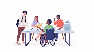 Animated studying friends characters. Group of classmates. Full body flat people HD video footage with alpha channel. Color cartoon style illustration on transparent background for animation