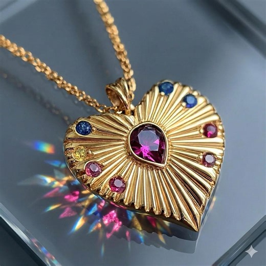 25mm 14K Gold Fluted Heart Pendant: Multi Gemstone Sunburst Design - Etsy