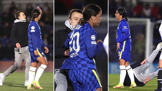 Sam Kerr carded after hip-and-shoulder on pitch invader