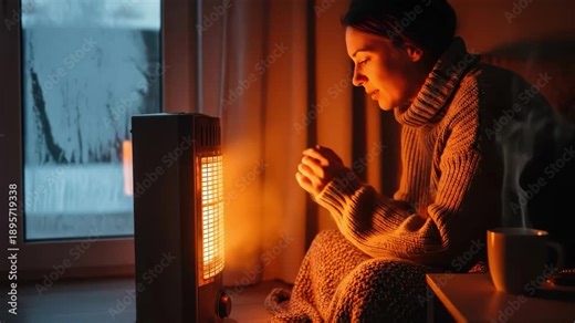 Woman warming her hands near an electric heater at night, winter cold and comfort concept.