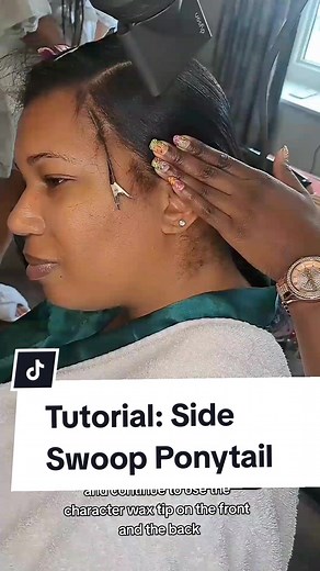 Tutorial:Side Swoop For Ponytail🚩 ❗️Follow To See How To Add Bundles and The Finshed Look❗️ Save And Try For Later. CALL 301-485-9298 OR TEXT FOR YOUR NEXT HOME VISIT. ✨️Use Murray's Edgewax or Keracare wax stick on the sectioned part , as shown. Comb the hair back to semi mold it. ✨️On the second section. Use the Got B GLUED Spay ,Edgewax , and blow dryer to begin to mold the hair. Like shown.Comb the hair back and place a rubberband around that section. ✨️Take the next section and start to cr