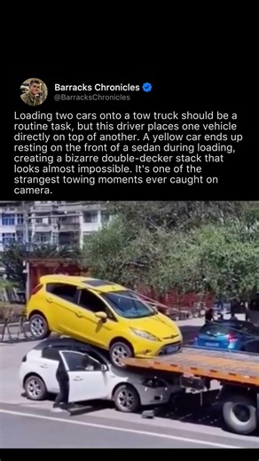 TOW TRUCK STACKS ONE CAR ON ANOTHER