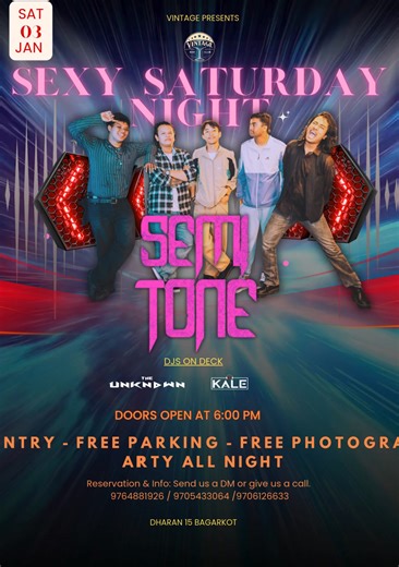 You’re invited! This Saturday night, turn up the vibe at Vintage Bar & Club! Join us for Sexy Saturday where the night comes alive! Music • Drinks • Foods • Dance Live music by "SEMI TONE" Band. After Party DJs "THE UNKNOWN" Feat. DJ KALE. Don’t miss the night everyone will be talking about! DM us or call to reserve 9764881926 / 9705433064 /9706126633 The Best Part: FREE ENTRY FREE PARKING FREE PHOTOGRAPHY PARTY ALL NIGHT | Vintage Bar & Club