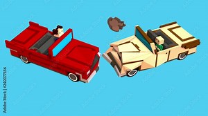 Minimalistic, voxel style 3d animation: Two cars have a head on collision wreck