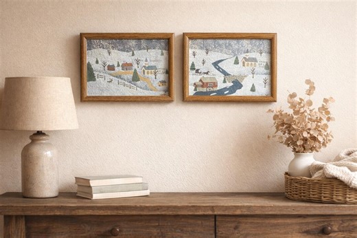 Vintage Winter Village Prints, Primitive Farmhouse Snow Landscape Art - Etsy